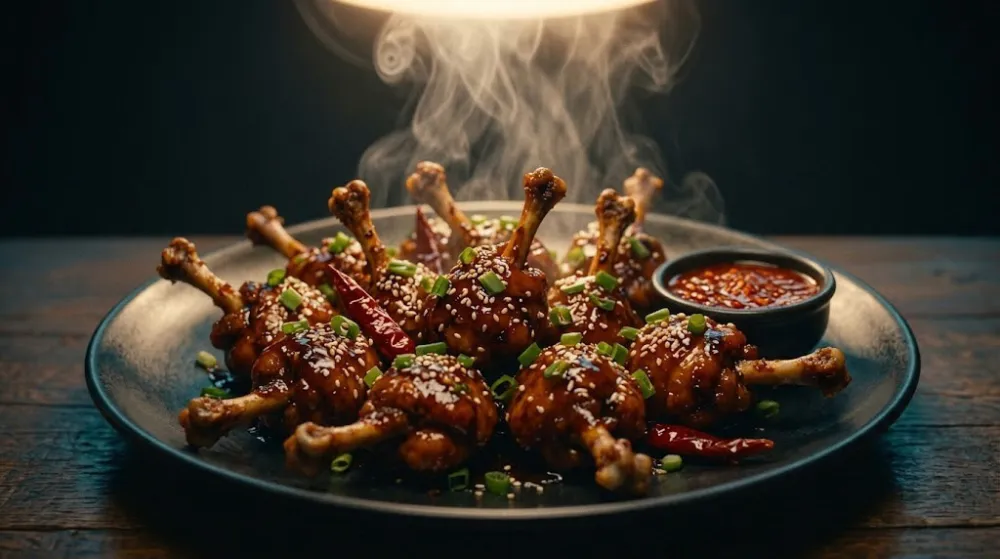 Crispy Chicken Lollipop coated in spicy red Schezwan sauce, garnished with spring onions