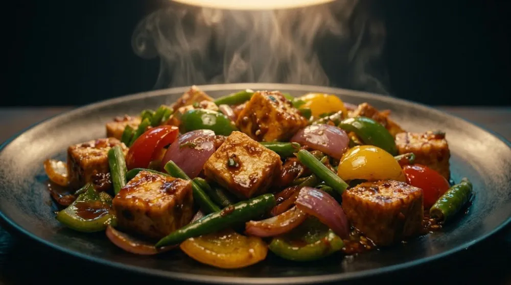 Paneer Chilli Dry - golden-fried paneer cubes tossed with bell peppers, onions and green chillies