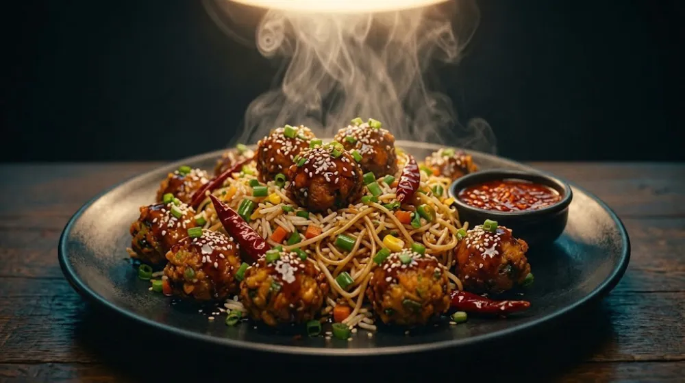 Veg Triple Rice noodles topped with vegetable Manchurian balls, sesame seeds and spring onions